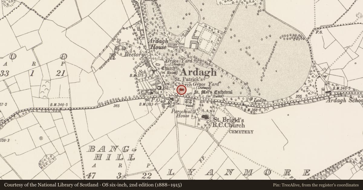 Ordnance Survey six-inch map, 2nd edition (1888–1915) covering the location of Graveyard, Ardagh Demesne, County Longford, with a pin at the register's coordinates