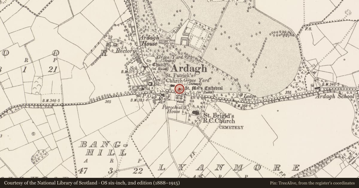 Ordnance Survey six-inch map, 2nd edition (1888–1915) covering the location of Church, Ardagh Demesne, County Longford, with a pin at the register's coordinates