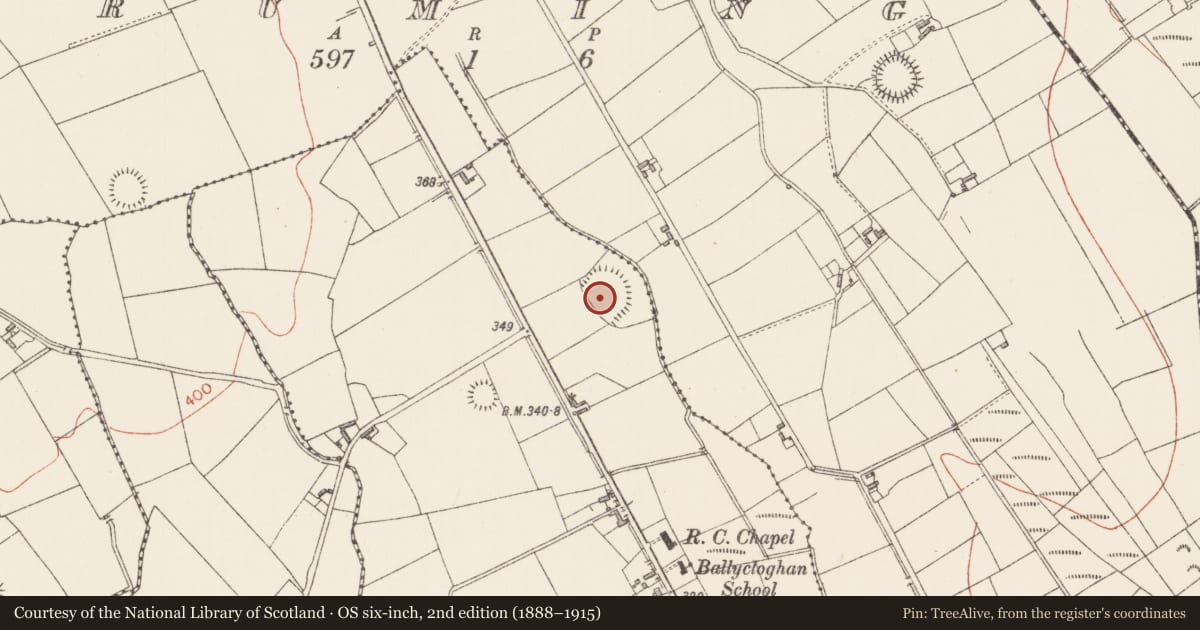 Ordnance Survey six-inch map, 2nd edition (1888–1915) covering the location of Ringfort - rath, Ballycloghan, County Longford, with a pin at the register's coordinates