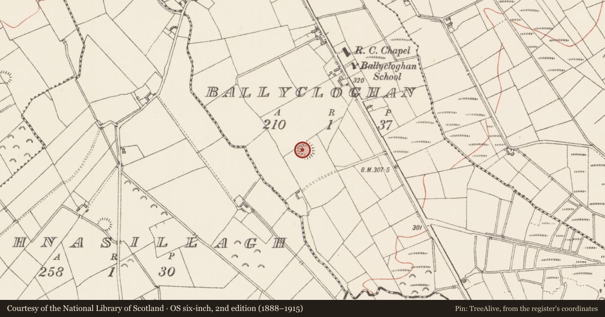 Ordnance Survey six-inch map, 2nd edition (1888–1915) covering the location of Ringfort - rath, Ballycloghan, County Longford, with a pin at the register's coordinates
