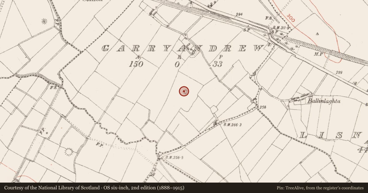 Ordnance Survey six-inch map, 2nd edition (1888–1915) covering the location of Barrow - mound barrow, Garryandrew, County Longford, with a pin at the register's coordinates