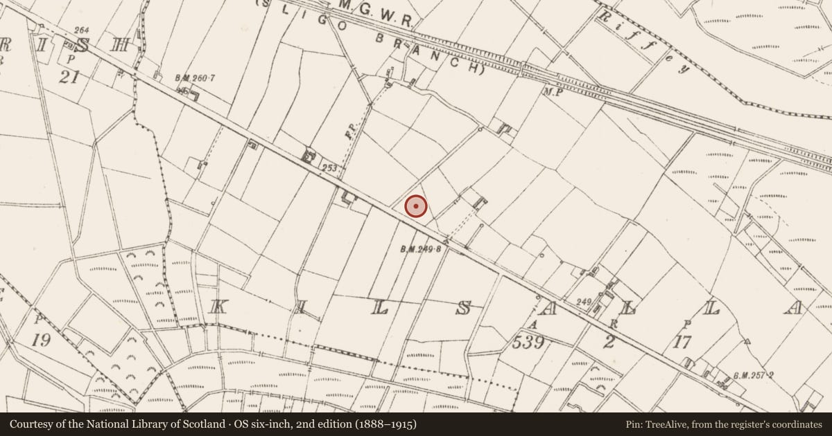 Ordnance Survey six-inch map, 2nd edition (1888–1915) covering the location of Ringfort - rath, Kilsallagh, County Longford, with a pin at the register's coordinates