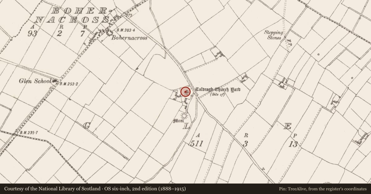 Ordnance Survey six-inch map, 2nd edition (1888–1915) covering the location of Burial ground, Glen, County Longford, with a pin at the register's coordinates