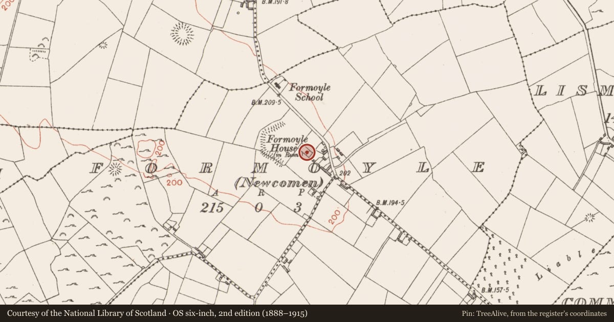 Ordnance Survey six-inch map, 2nd edition (1888–1915) covering the location of House - 17th century, Formoyle (Newcomen), County Longford, with a pin at the register's coordinates