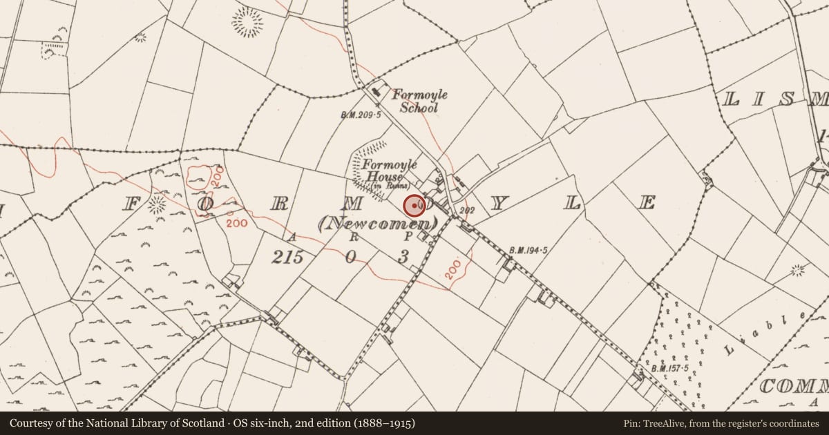 Ordnance Survey six-inch map, 2nd edition (1888–1915) covering the location of Designed landscape - formal garden, Formoyle (Newcomen), County Longford, with a pin at the register's coordinates