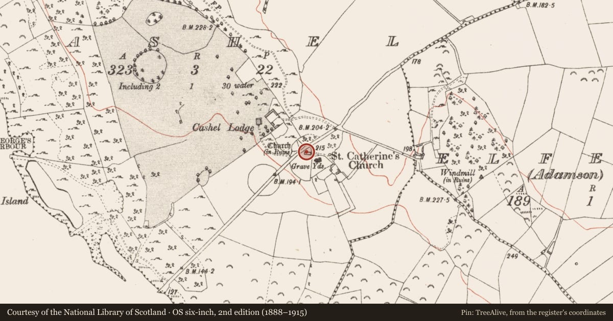 Ordnance Survey six-inch map, 2nd edition (1888–1915) covering the location of Church, Cashel, County Longford, with a pin at the register's coordinates