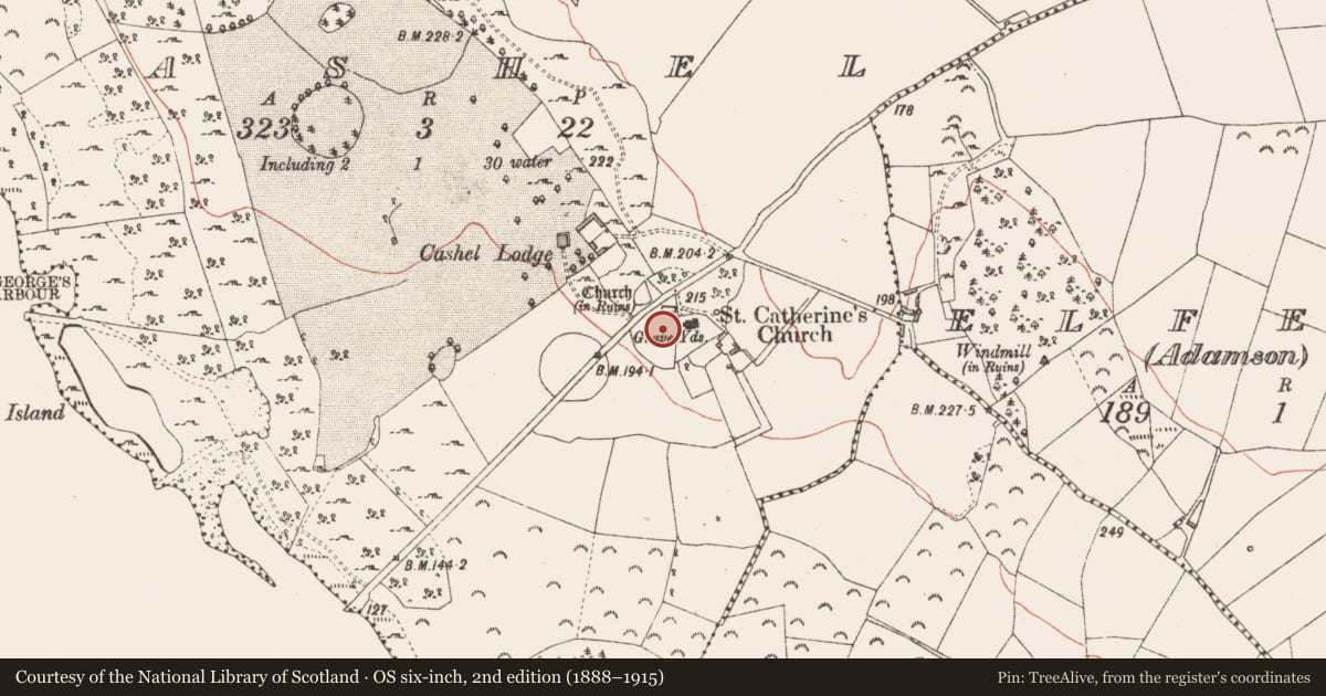 Ordnance Survey six-inch map, 2nd edition (1888–1915) covering the location of Graveyard, Cashel, County Longford, with a pin at the register's coordinates
