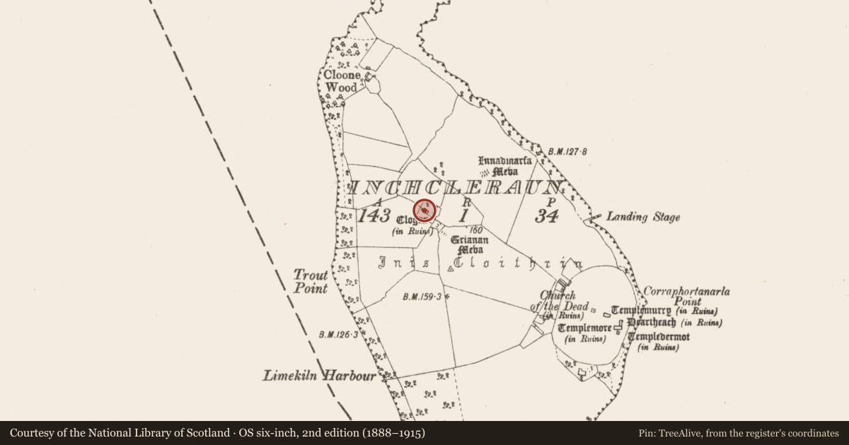 Ordnance Survey six-inch map, 2nd edition (1888–1915) covering the location of Church, Inchcleraun, County Longford, with a pin at the register's coordinates