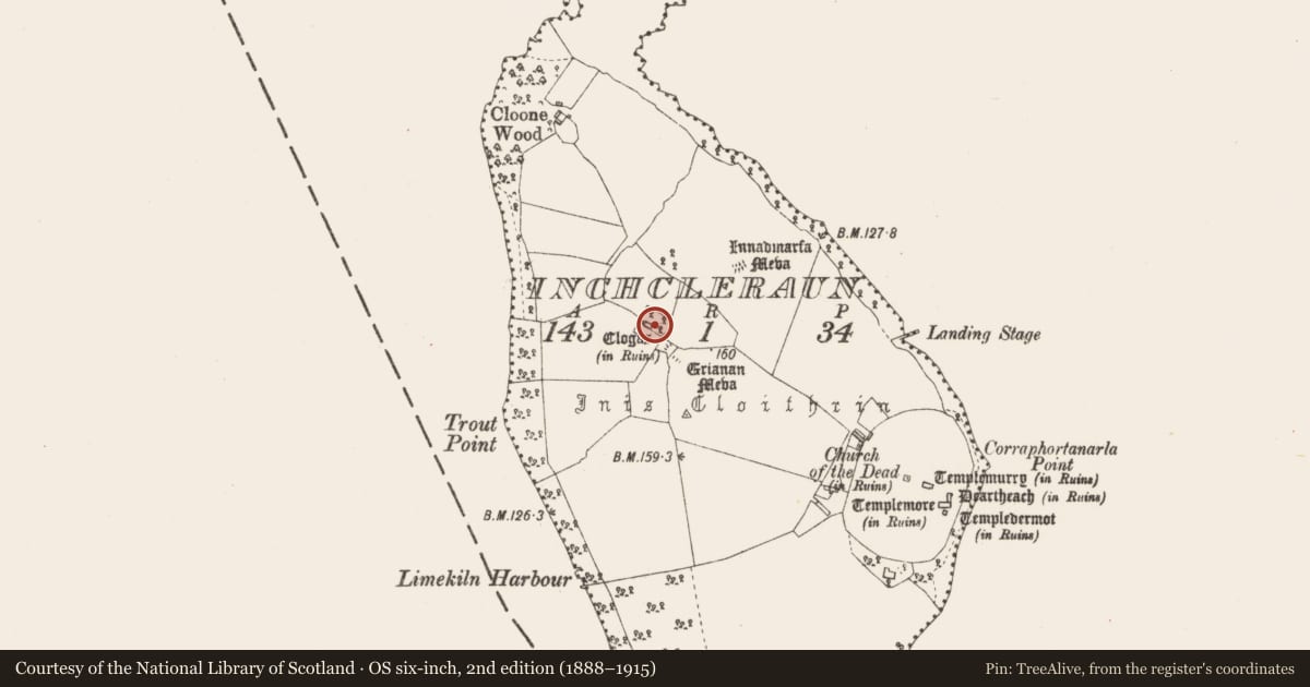 Ordnance Survey six-inch map, 2nd edition (1888–1915) covering the location of Burial ground, Inchcleraun, County Longford, with a pin at the register's coordinates