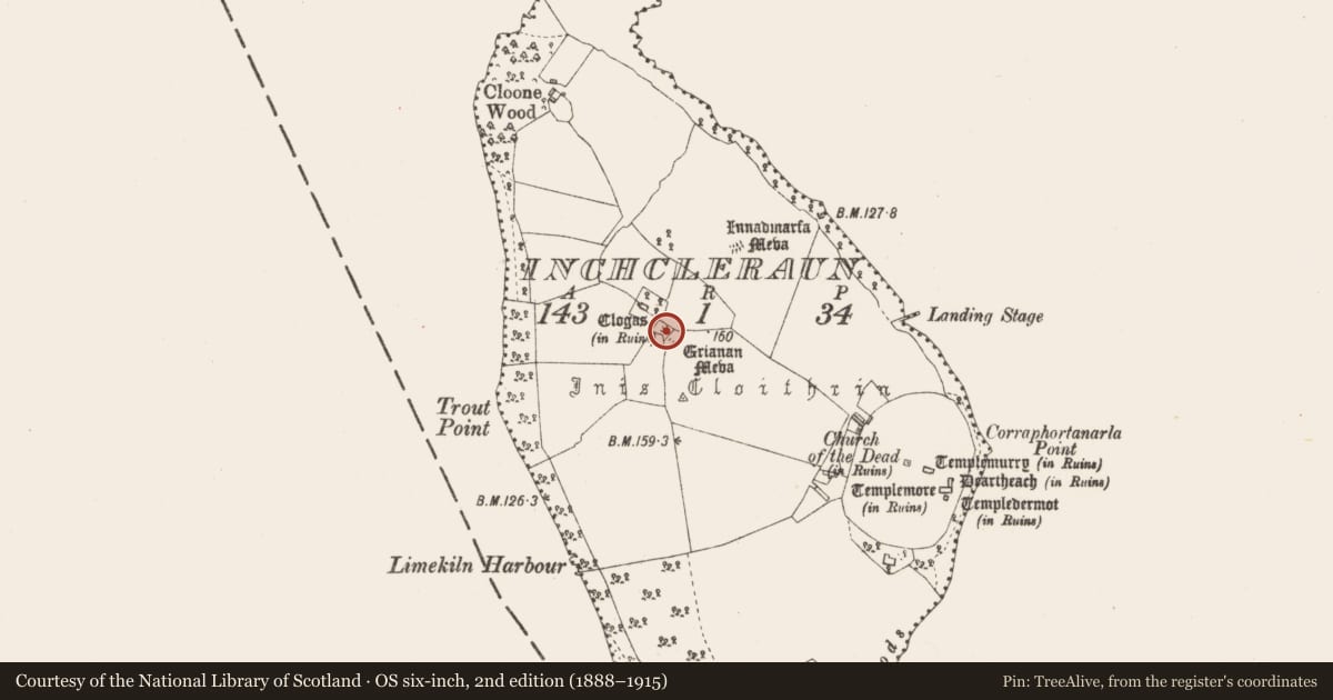 Ordnance Survey six-inch map, 2nd edition (1888–1915) covering the location of Ringfort - cashel, Inchcleraun, County Longford, with a pin at the register's coordinates