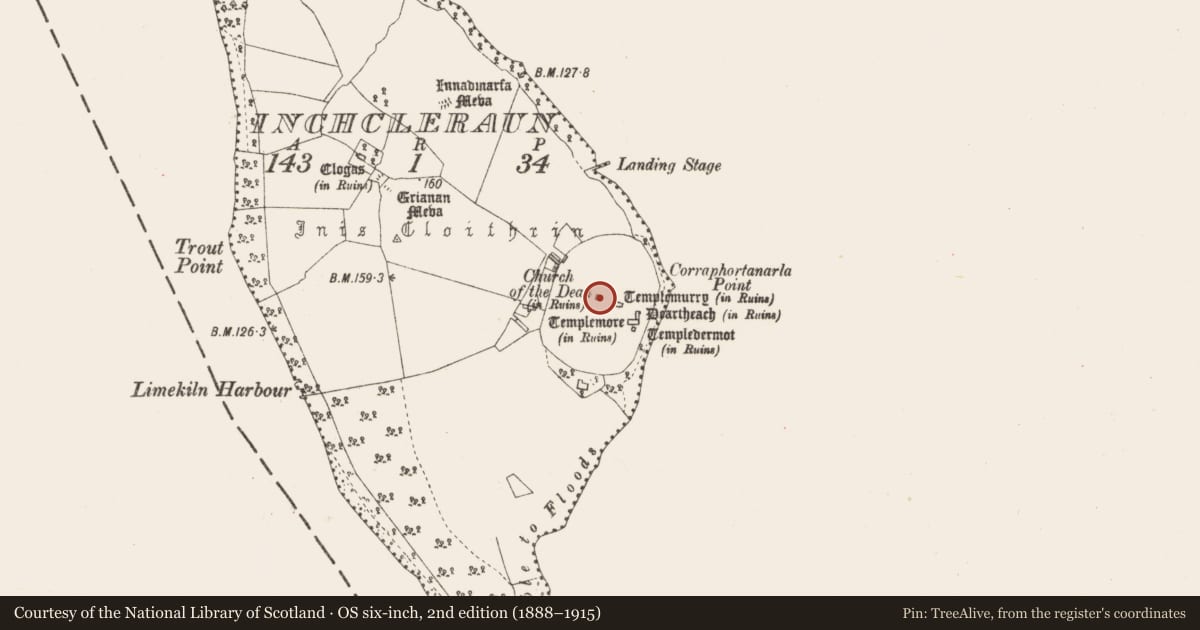 Ordnance Survey six-inch map, 2nd edition (1888–1915) covering the location of Ecclesiastical enclosure, Inchcleraun, County Longford, with a pin at the register's coordinates