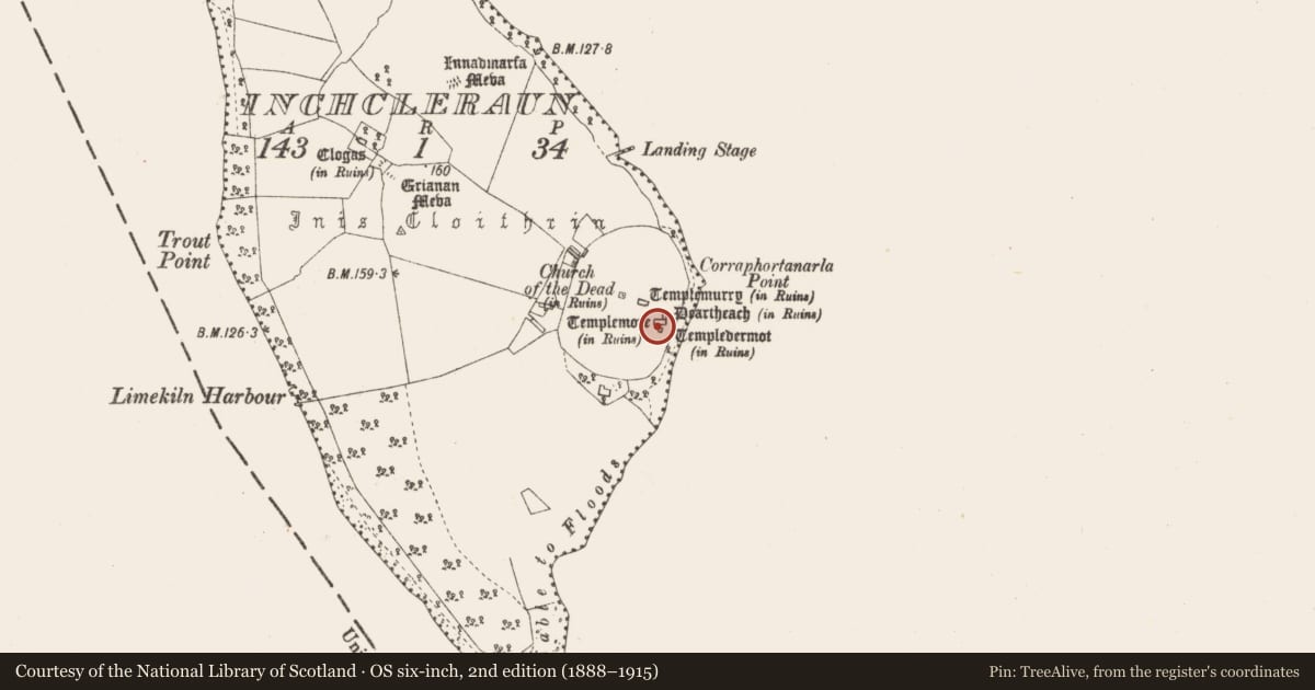 Ordnance Survey six-inch map, 2nd edition (1888–1915) covering the location of Church, Inchcleraun, County Longford, with a pin at the register's coordinates