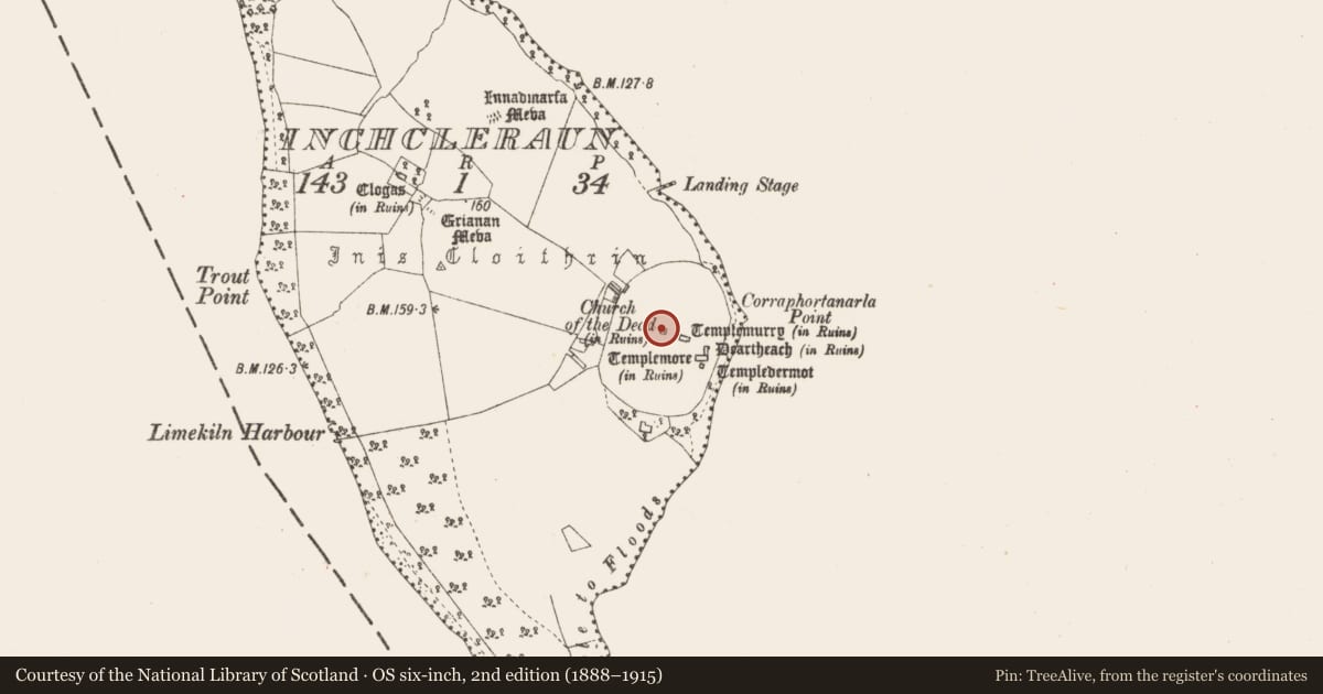 Ordnance Survey six-inch map, 2nd edition (1888–1915) covering the location of Church, Inchcleraun, County Longford, with a pin at the register's coordinates