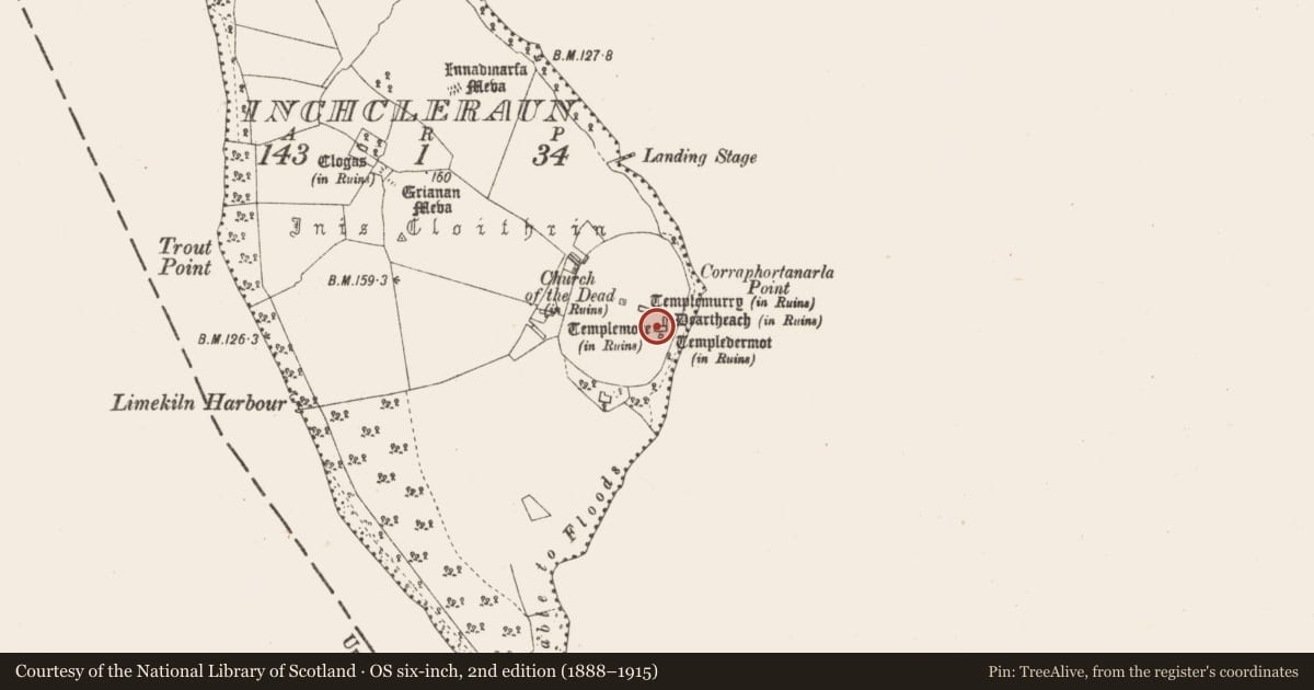 Ordnance Survey six-inch map, 2nd edition (1888–1915) covering the location of Religious house - Augustinian canons, Inchcleraun, County Longford, with a pin at the register's coordinates