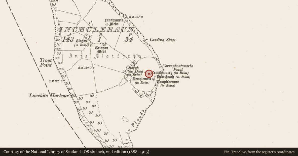 Ordnance Survey six-inch map, 2nd edition (1888–1915) covering the location of Church, Inchcleraun, County Longford, with a pin at the register's coordinates