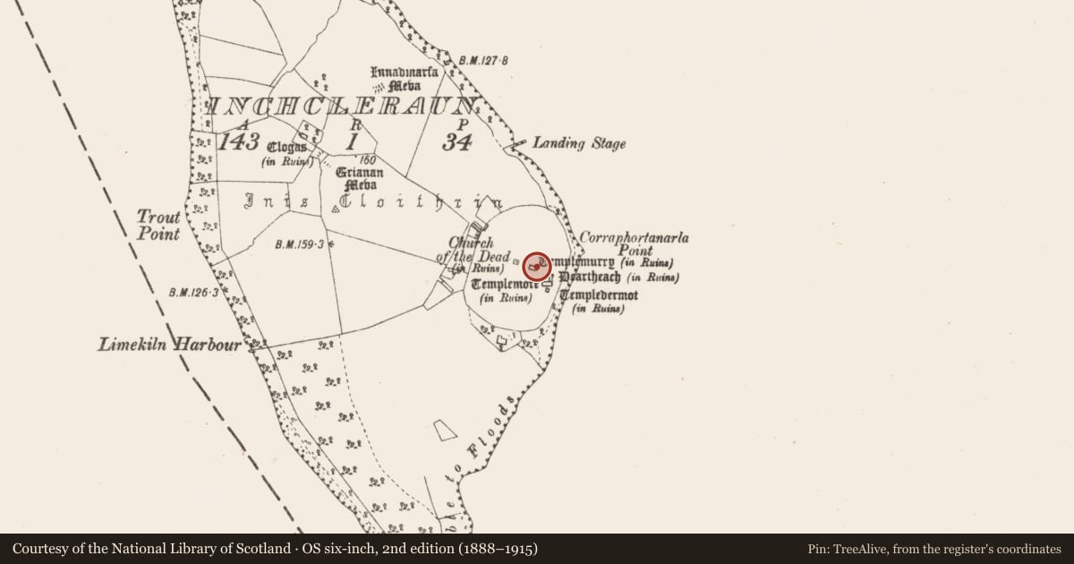 Ordnance Survey six-inch map, 2nd edition (1888–1915) covering the location of Leacht, Inchcleraun, County Longford, with a pin at the register's coordinates