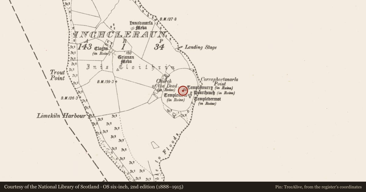 Ordnance Survey six-inch map, 2nd edition (1888–1915) covering the location of Leacht, Inchcleraun, County Longford, with a pin at the register's coordinates