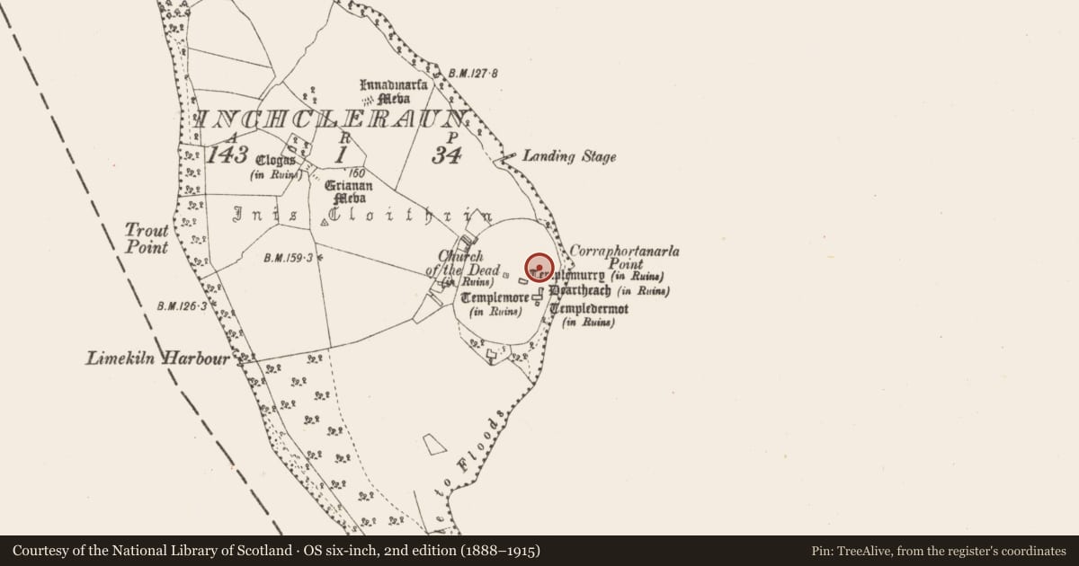 Ordnance Survey six-inch map, 2nd edition (1888–1915) covering the location of Burial Vault, Inchcleraun, County Longford, with a pin at the register's coordinates