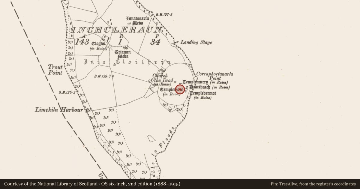 Ordnance Survey six-inch map, 2nd edition (1888–1915) covering the location of Building, Inchcleraun, County Longford, with a pin at the register's coordinates