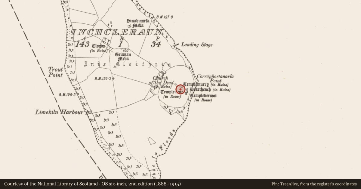 Ordnance Survey six-inch map, 2nd edition (1888–1915) covering the location of Burial ground, Inchcleraun, County Longford, with a pin at the register's coordinates