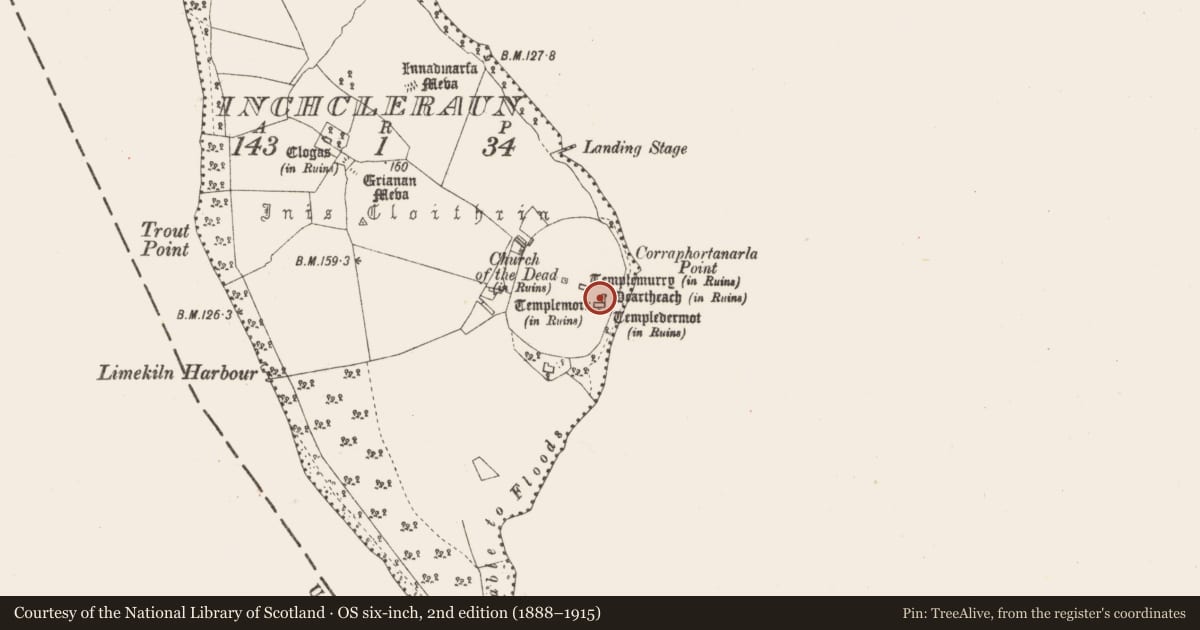 Ordnance Survey six-inch map, 2nd edition (1888–1915) covering the location of Architectural fragment, Inchcleraun, County Longford, with a pin at the register's coordinates