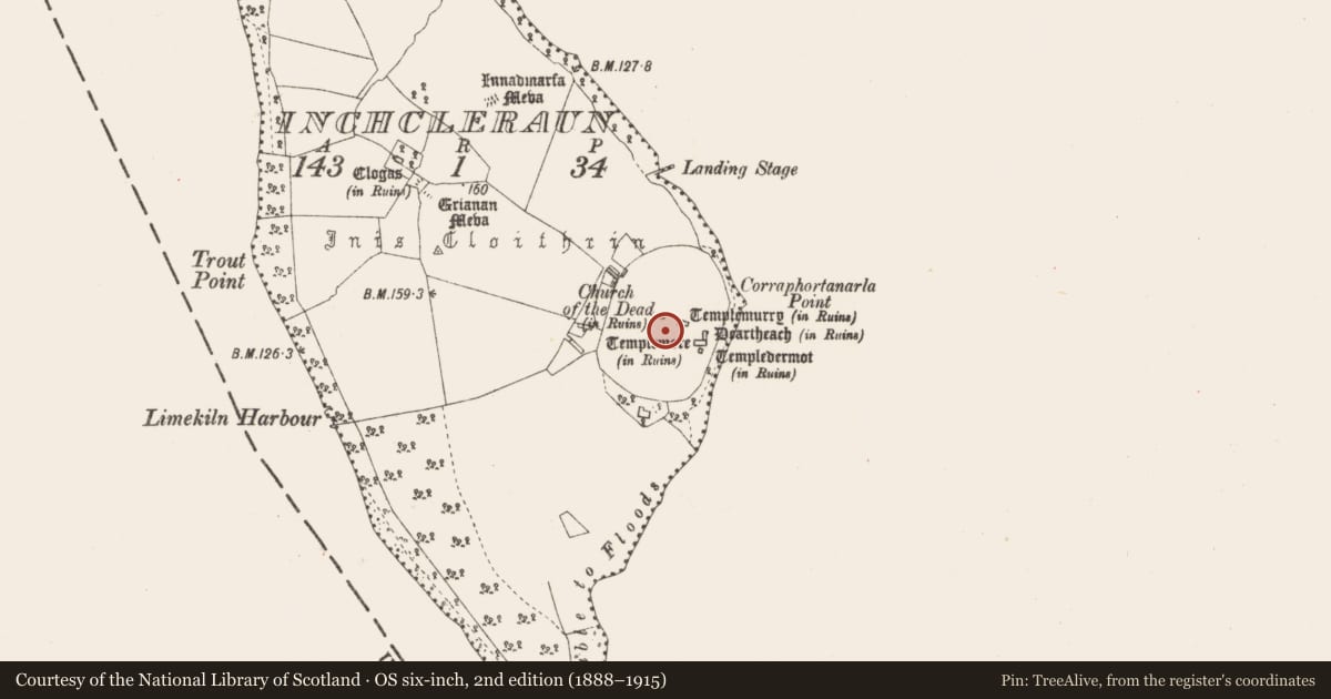 Ordnance Survey six-inch map, 2nd edition (1888–1915) covering the location of Cross-inscribed stone, Inchcleraun, County Longford, with a pin at the register's coordinates