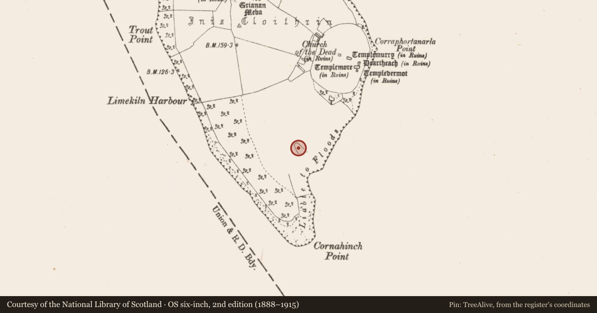 Ordnance Survey six-inch map, 2nd edition (1888–1915) covering the location of Enclosure, Inchcleraun, County Longford, with a pin at the register's coordinates