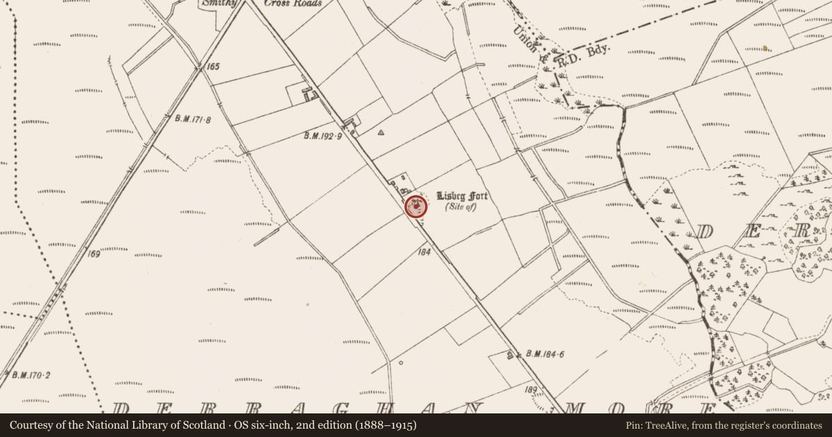 Ordnance Survey six-inch map, 2nd edition (1888–1915) covering the location of Ringfort - rath, Derraghan More, County Longford, with a pin at the register's coordinates
