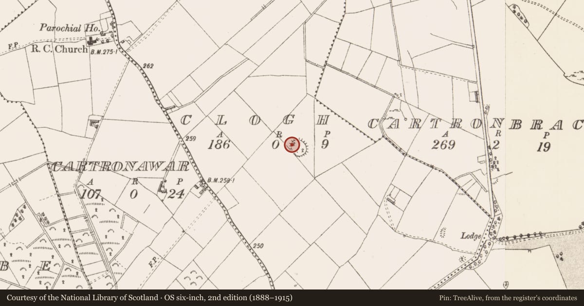 Ordnance Survey six-inch map, 2nd edition (1888–1915) covering the location of House - indeterminate date, Clogh, County Longford, with a pin at the register's coordinates