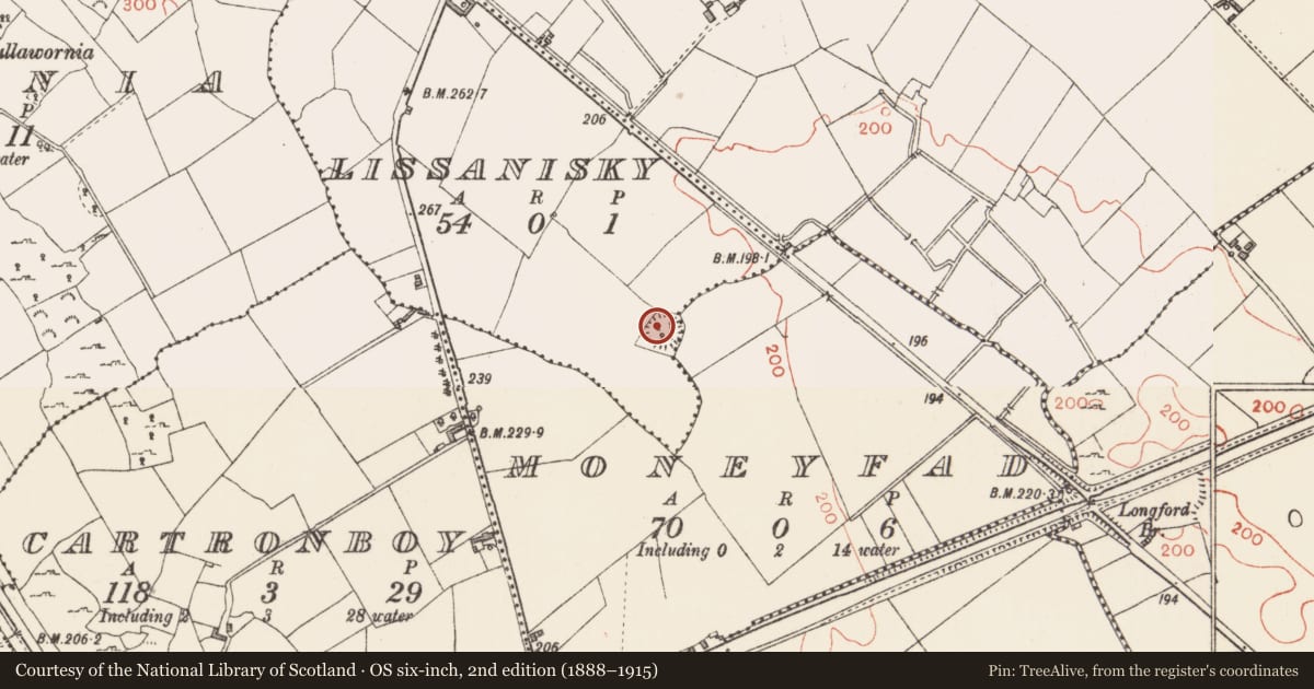 Ordnance Survey six-inch map, 2nd edition (1888–1915) covering the location of Ringfort - rath, Lissanisky, County Longford, with a pin at the register's coordinates