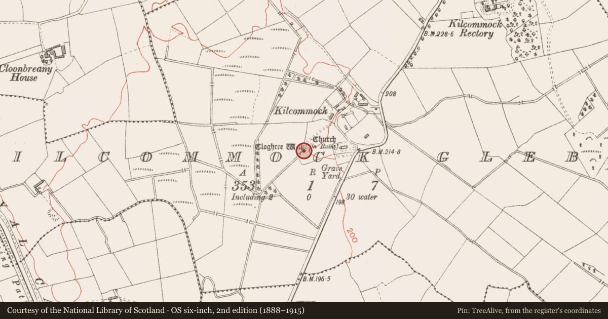 Ordnance Survey six-inch map, 2nd edition (1888–1915) covering the location of Ritual site - holy well, Kilcommock Glebe, County Longford, with a pin at the register's coordinates