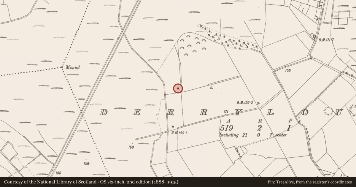 Ordnance Survey six-inch map, 2nd edition (1888–1915) covering the location of Fulacht fia, Derrylough, County Longford, with a pin at the register's coordinates
