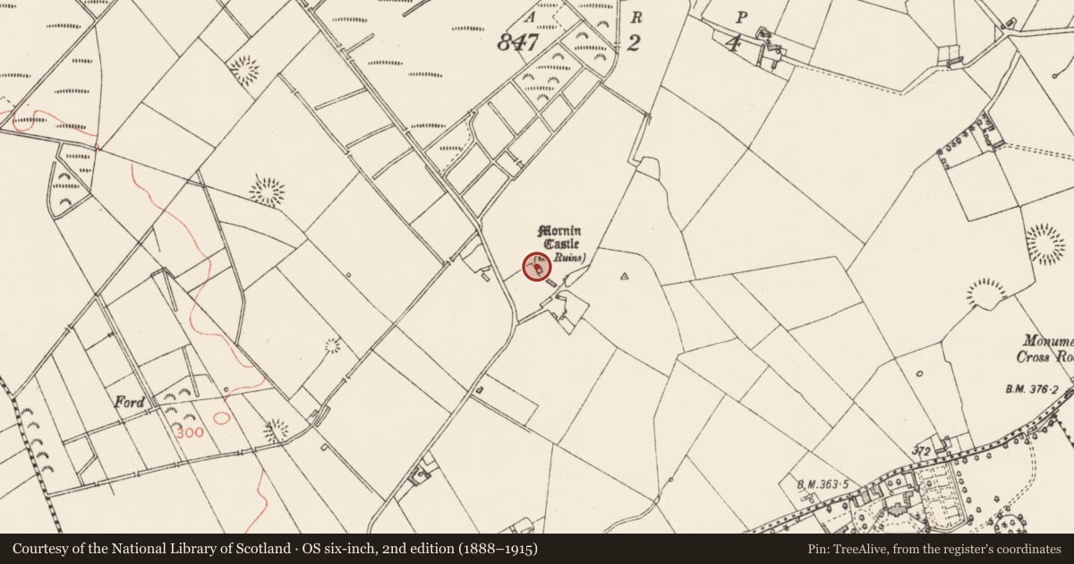 Ordnance Survey six-inch map, 2nd edition (1888–1915) covering the location of Castle - tower house, Mornin, County Longford, with a pin at the register's coordinates