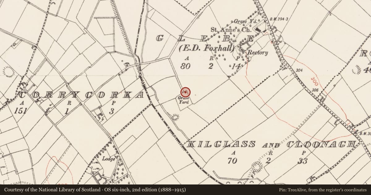 Ordnance Survey six-inch map, 2nd edition (1888–1915) covering the location of Cross, Glebe, County Longford, with a pin at the register's coordinates
