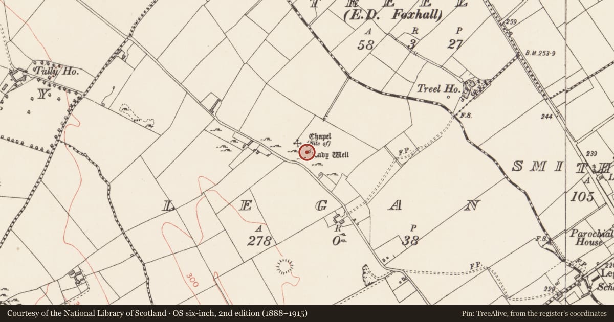 Ordnance Survey six-inch map, 2nd edition (1888–1915) covering the location of Ritual site - holy well, Legan, County Longford, with a pin at the register's coordinates