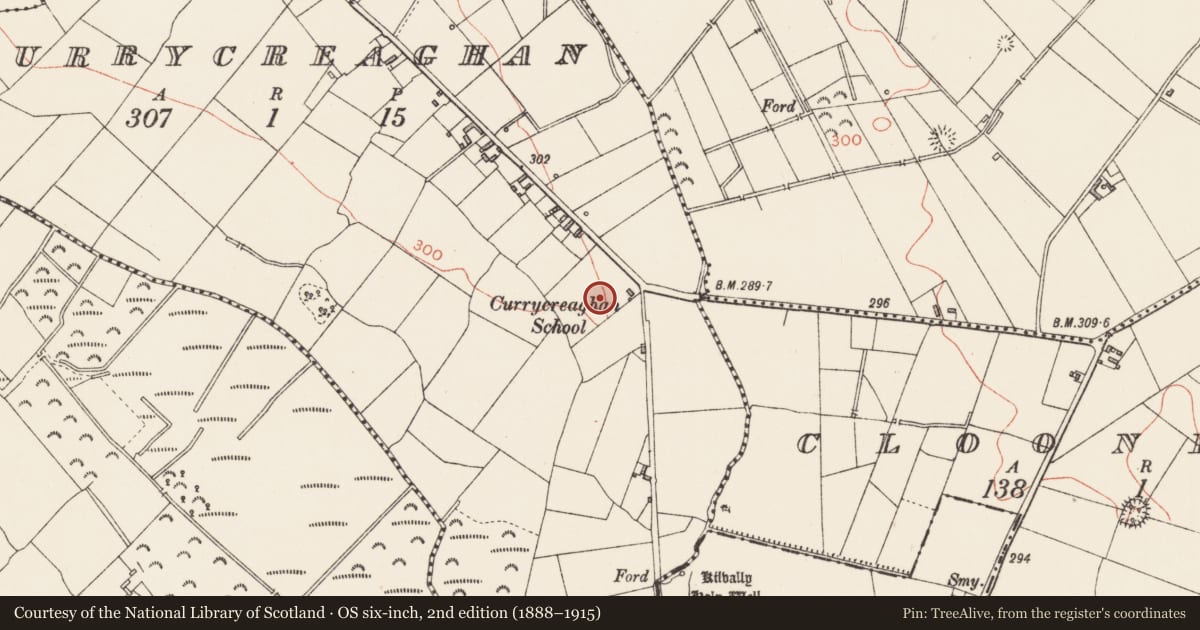 Ordnance Survey six-inch map, 2nd edition (1888–1915) covering the location of Ringfort - rath, Currycreaghan, County Longford, with a pin at the register's coordinates