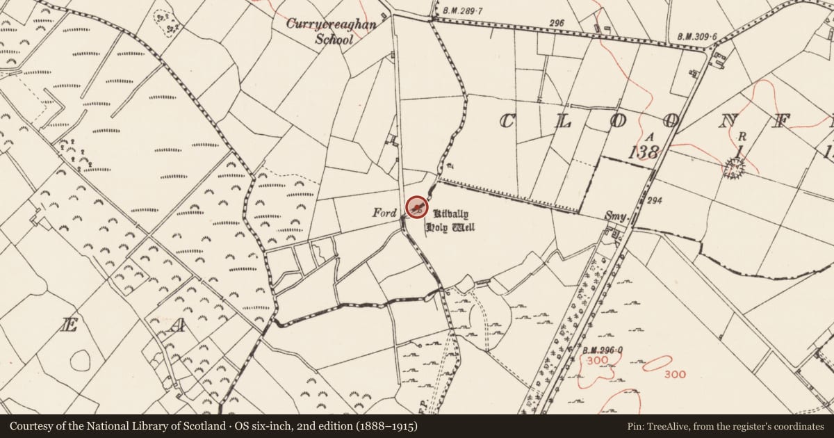 Ordnance Survey six-inch map, 2nd edition (1888–1915) covering the location of Ritual site - holy well, Doory, County Longford, with a pin at the register's coordinates