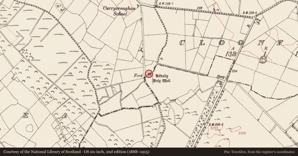 Ordnance Survey six-inch map, 2nd edition (1888–1915) covering the location of Ritual site - holy tree/bush, Doory, County Longford, with a pin at the register's coordinates