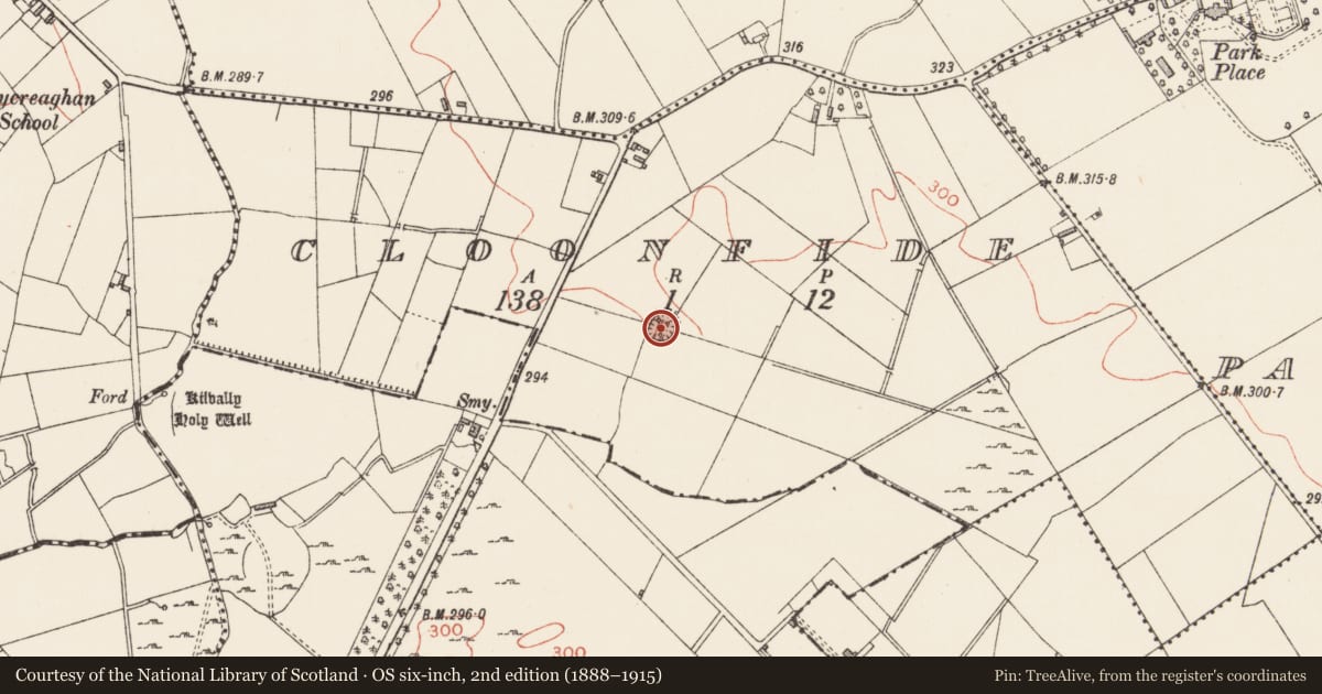 Ordnance Survey six-inch map, 2nd edition (1888–1915) covering the location of Ringfort - rath, Cloonfide, County Longford, with a pin at the register's coordinates