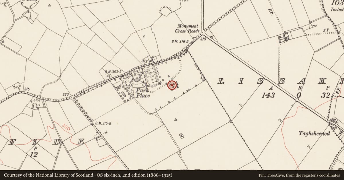 Ordnance Survey six-inch map, 2nd edition (1888–1915) covering the location of Ringfort - rath, Parkplace, County Longford, with a pin at the register's coordinates