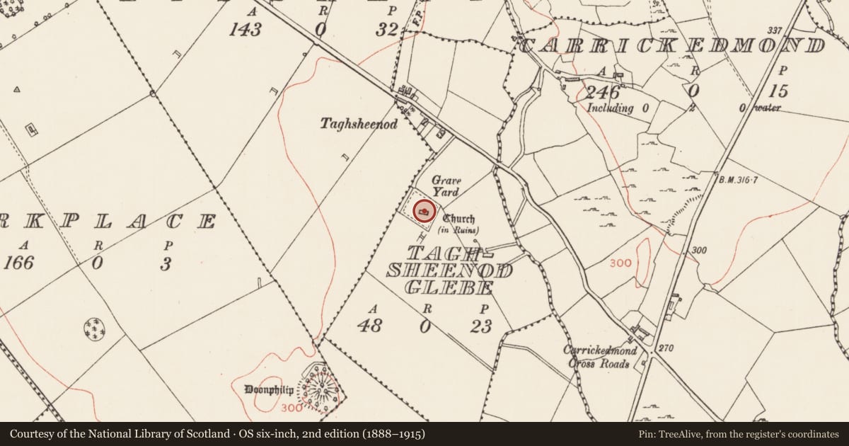 Ordnance Survey six-inch map, 2nd edition (1888–1915) covering the location of Church, Taghsheenod Glebe, County Longford, with a pin at the register's coordinates