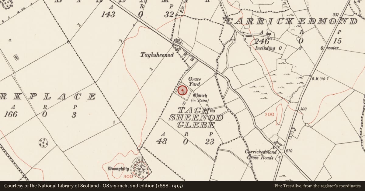 Ordnance Survey six-inch map, 2nd edition (1888–1915) covering the location of Graveyard, Taghsheenod Glebe, County Longford, with a pin at the register's coordinates