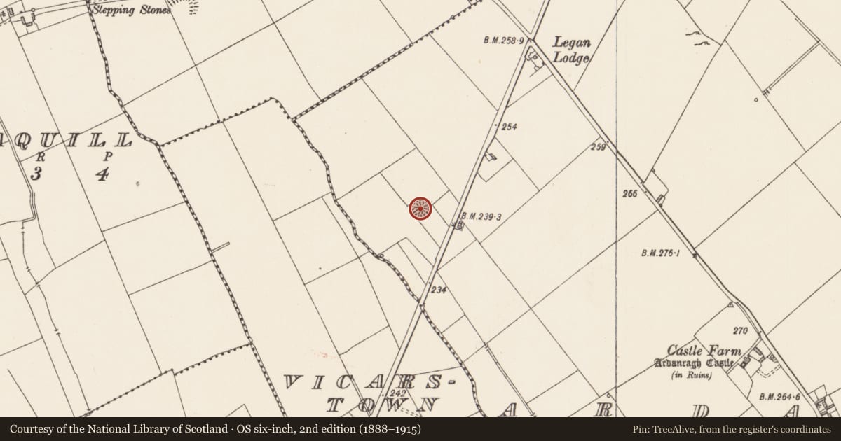 Ordnance Survey six-inch map, 2nd edition (1888–1915) covering the location of Moated site, Ardanragh, County Longford, with a pin at the register's coordinates