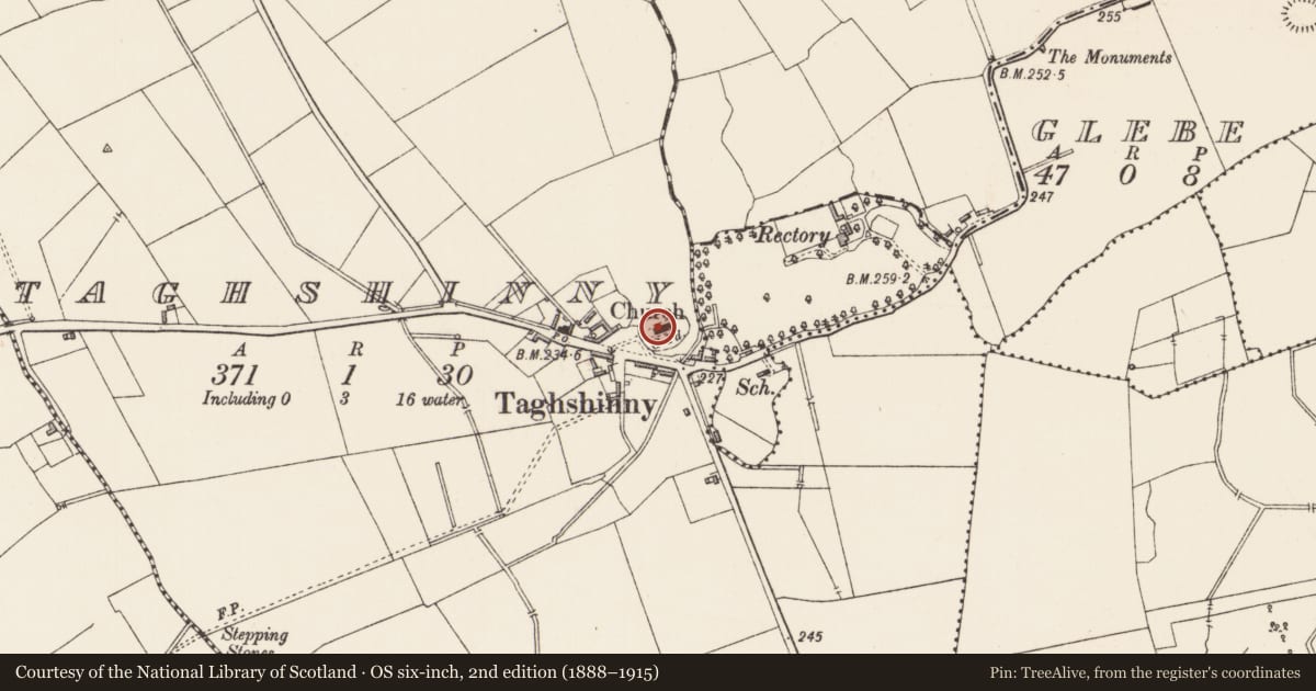 Ordnance Survey six-inch map, 2nd edition (1888–1915) covering the location of Church, Taghshinny, County Longford, with a pin at the register's coordinates