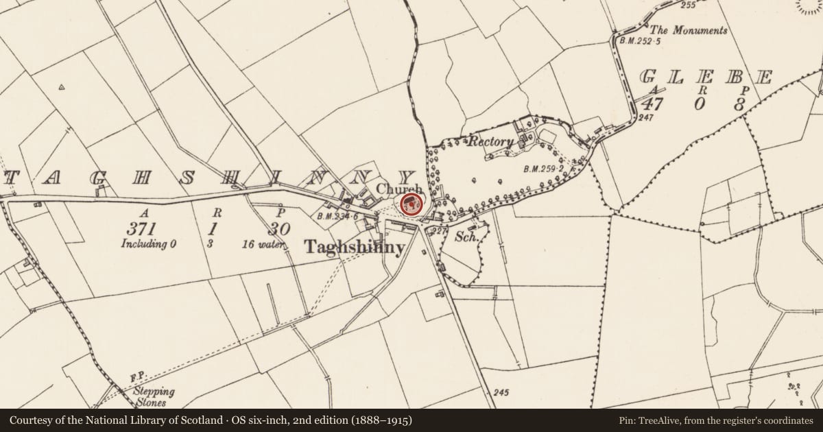 Ordnance Survey six-inch map, 2nd edition (1888–1915) covering the location of Graveyard, Taghshinny, County Longford, with a pin at the register's coordinates