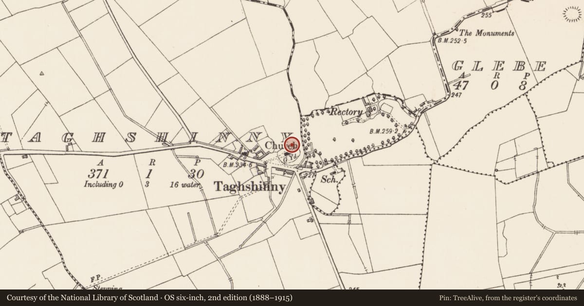 Ordnance Survey six-inch map, 2nd edition (1888–1915) covering the location of Ecclesiastical site, Taghshinny, County Longford, with a pin at the register's coordinates