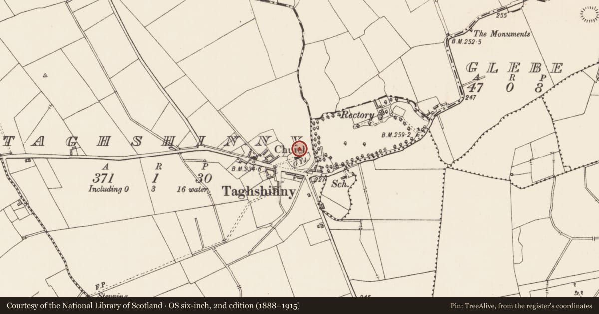 Ordnance Survey six-inch map, 2nd edition (1888–1915) covering the location of Graveslab, Taghshinny, County Longford, with a pin at the register's coordinates