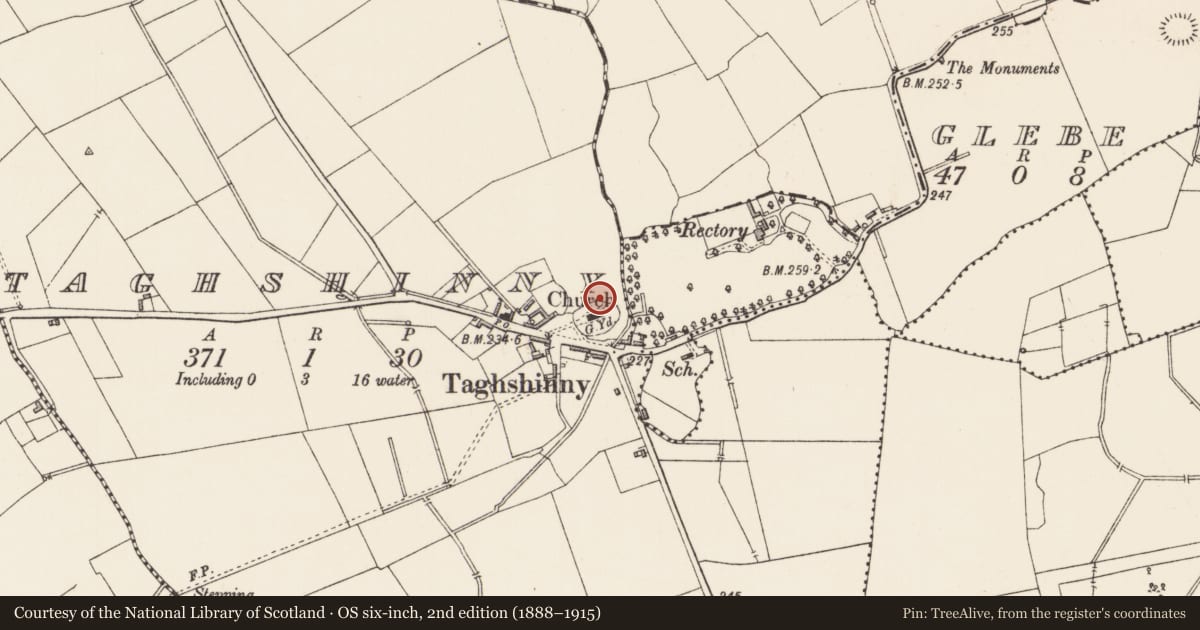 Ordnance Survey six-inch map, 2nd edition (1888–1915) covering the location of Graveslab, Taghshinny, County Longford, with a pin at the register's coordinates