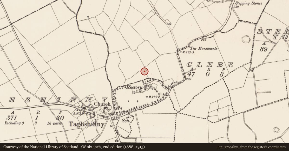 Ordnance Survey six-inch map, 2nd edition (1888–1915) covering the location of Enclosure, Lisnacreevy, County Longford, with a pin at the register's coordinates