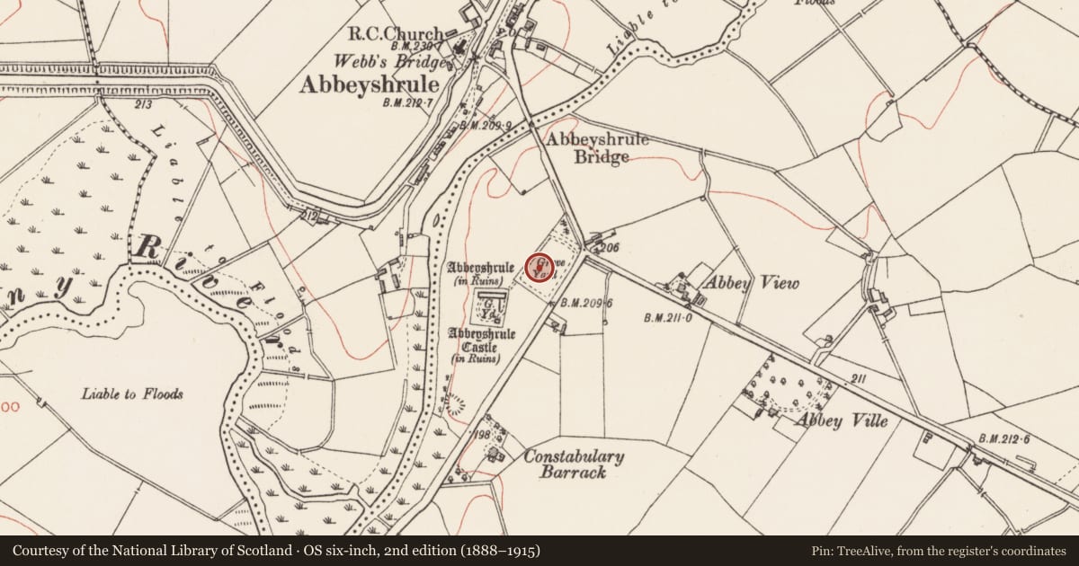 Ordnance Survey six-inch map, 2nd edition (1888–1915) covering the location of Cross, Abbeyshrule, County Longford, with a pin at the register's coordinates